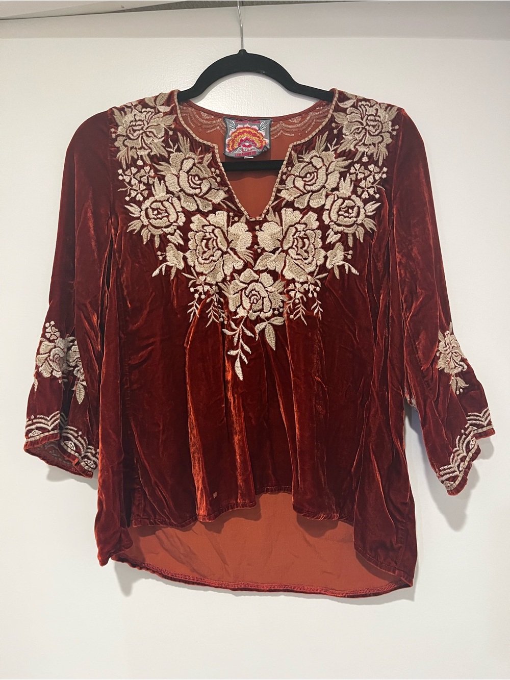 Johnny Was Rust Velvet Tunic with Cream Floral Embroidery